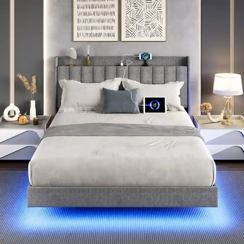 Modern Upholstered Floating Bed Frame with LED Lights