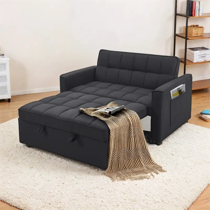 Stylish Pull-Out Sofa Bed w/Woven Polyester Fabric & Solid Wood Frame
