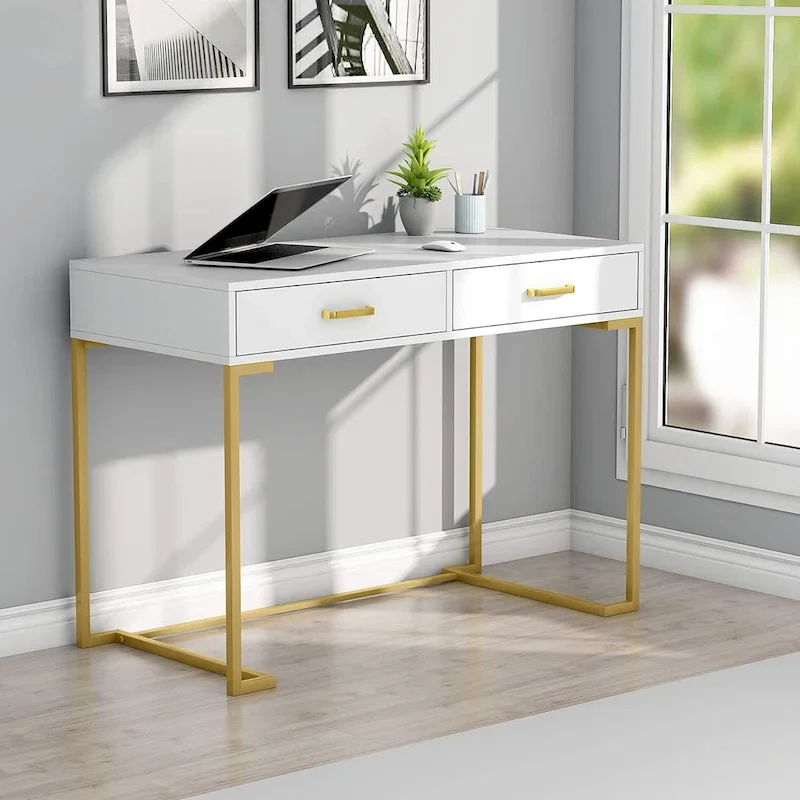 Small Desk with 2 Drawers, MDF Top & Gold Metal Frame, 39.37