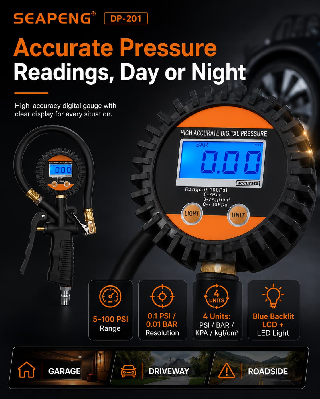 SEAPENG DP-201 Digital Tire Pressure Gauge, 5-100 PSI for cars, trucks, RVs and garages