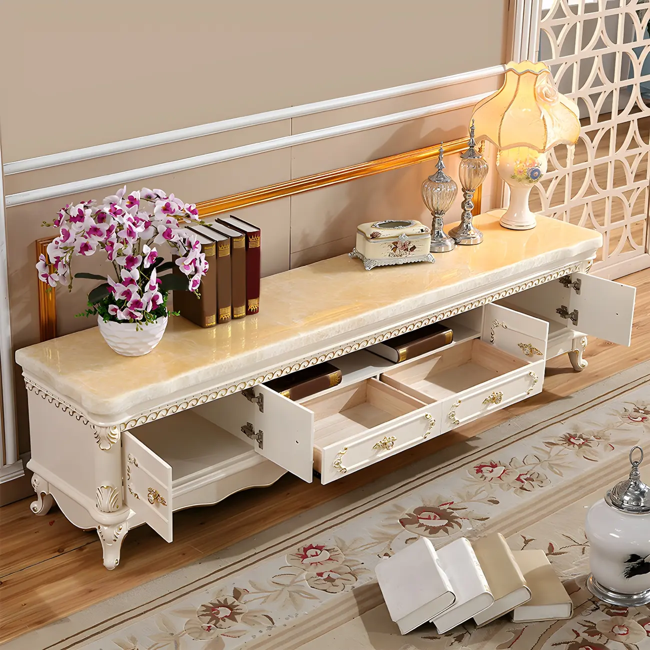 Glam Marble Top TV Stand with Drawers for Living Room