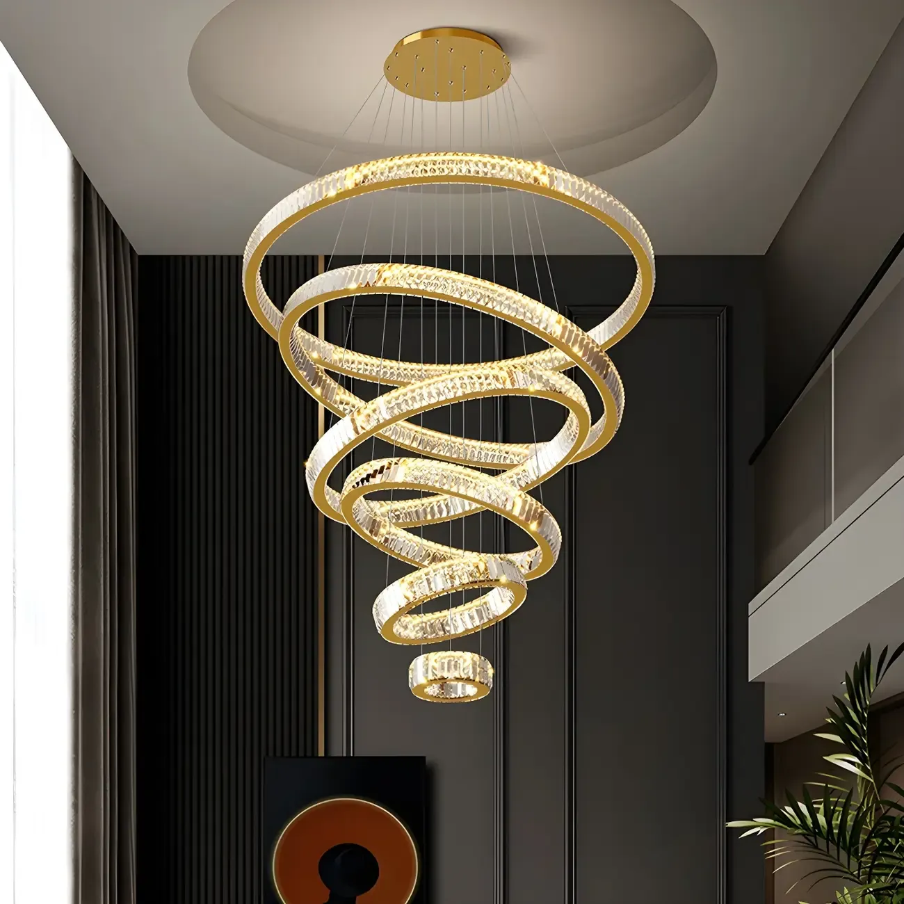 Gold Spiral Ring Crystal Tier Chandelier Modern Remote LED