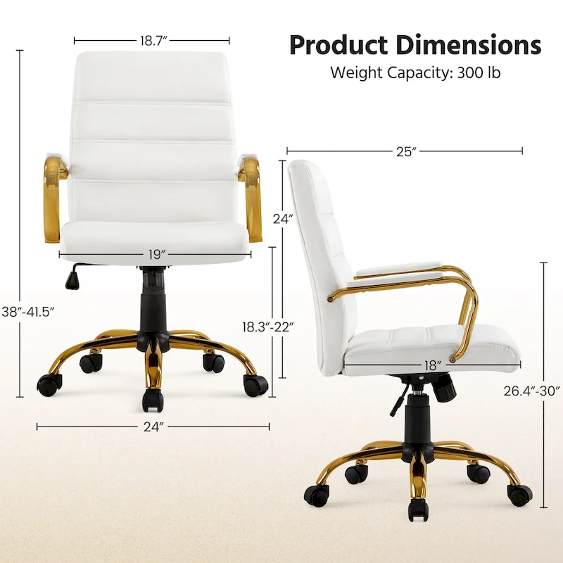Yaheetech Mid-Back Office Chair with Gold Frame PU Leather Office Executive Chair, White - N/A