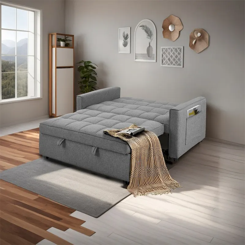 Stylish Pull-Out Sofa Bed w/Woven Polyester Fabric & Solid Wood Frame