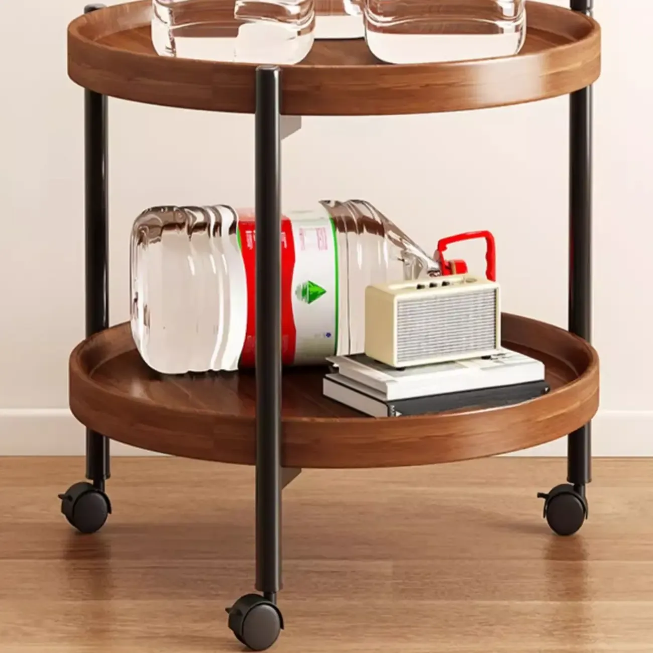 Modern 2-Tier Wood Round Coffee Table with Wheels, Tray