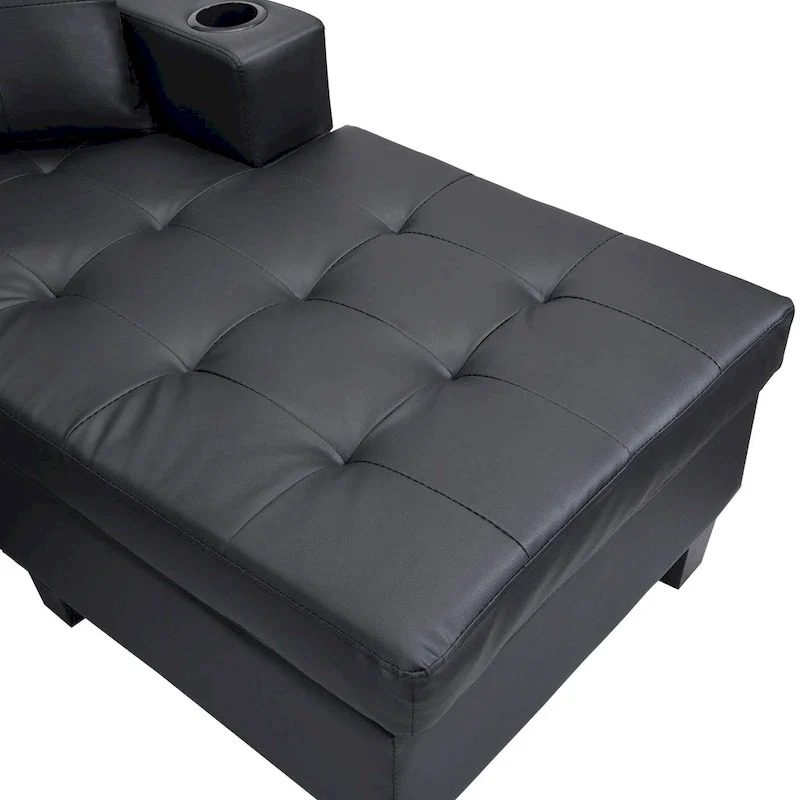 Black 96.06 Modern L-Shaped 4 Seater Sectional Sofa with Chaise Lounge, Cup Holders, and Throw Pillows
