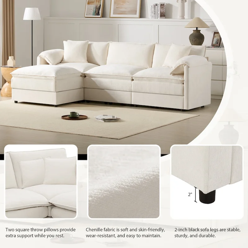 103.5 Chenille Sectional Sofa with 4-Seat L-Shaped Cloud Couch and Ottoman & Pocket Spring Cushions (330lb Capacity)
