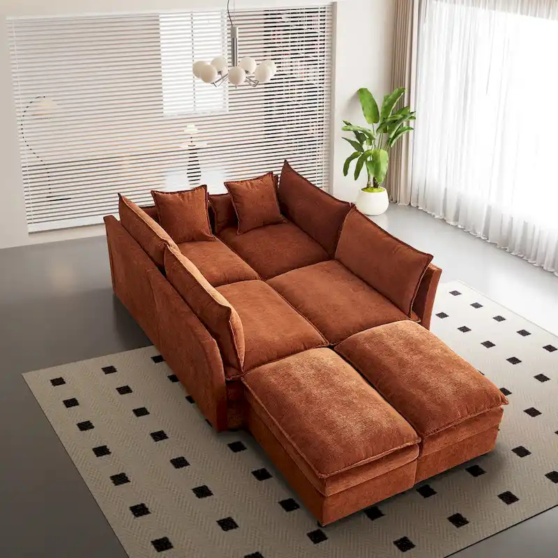 Spacious 142.52 U-Shaped Chenille Sectional Sofa with Double Cushions, Convertible Chaise and Ottomans