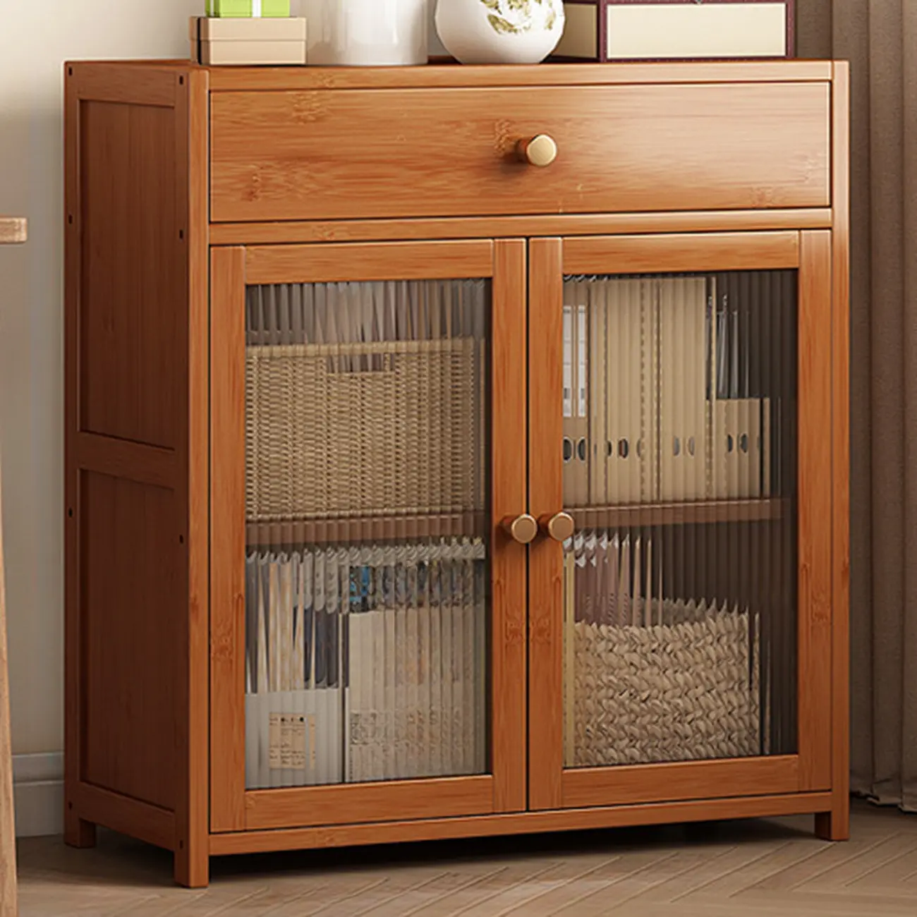 Modern Bamboo Narrow Storage Sideboard with Cabinets