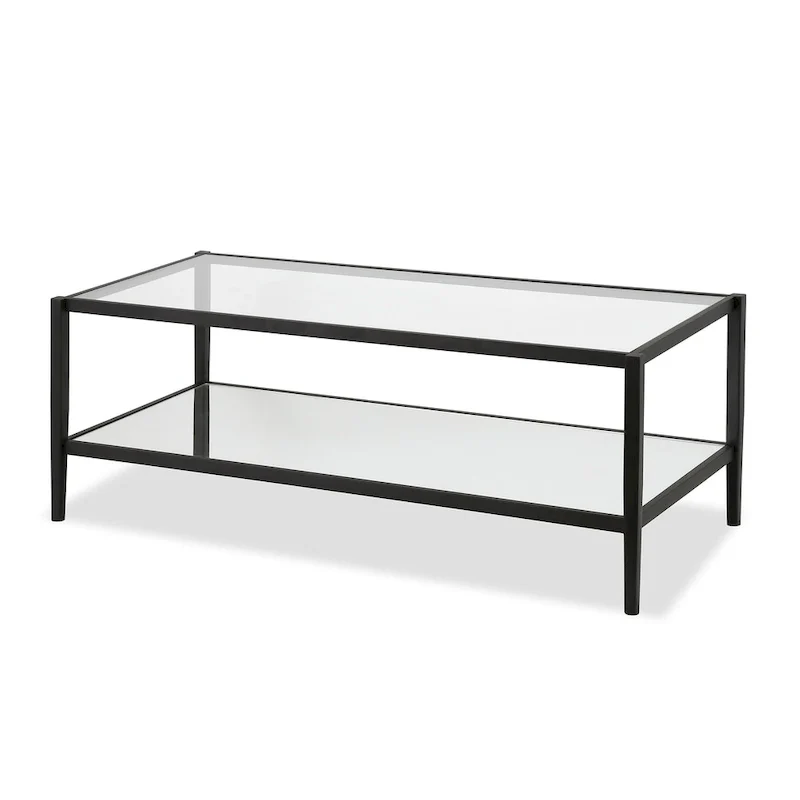 Modern Rectangular Glass Coffee Table 45 Steel Frame with Storage Shelf for Living Room - 45L x 20W x 17H