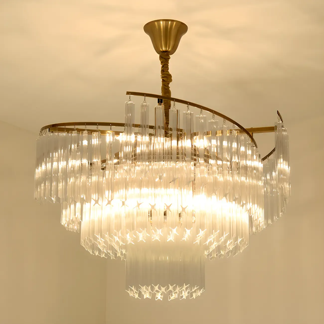 Modern Tier Round Gold Crystal Chandelier Height Adjustable
