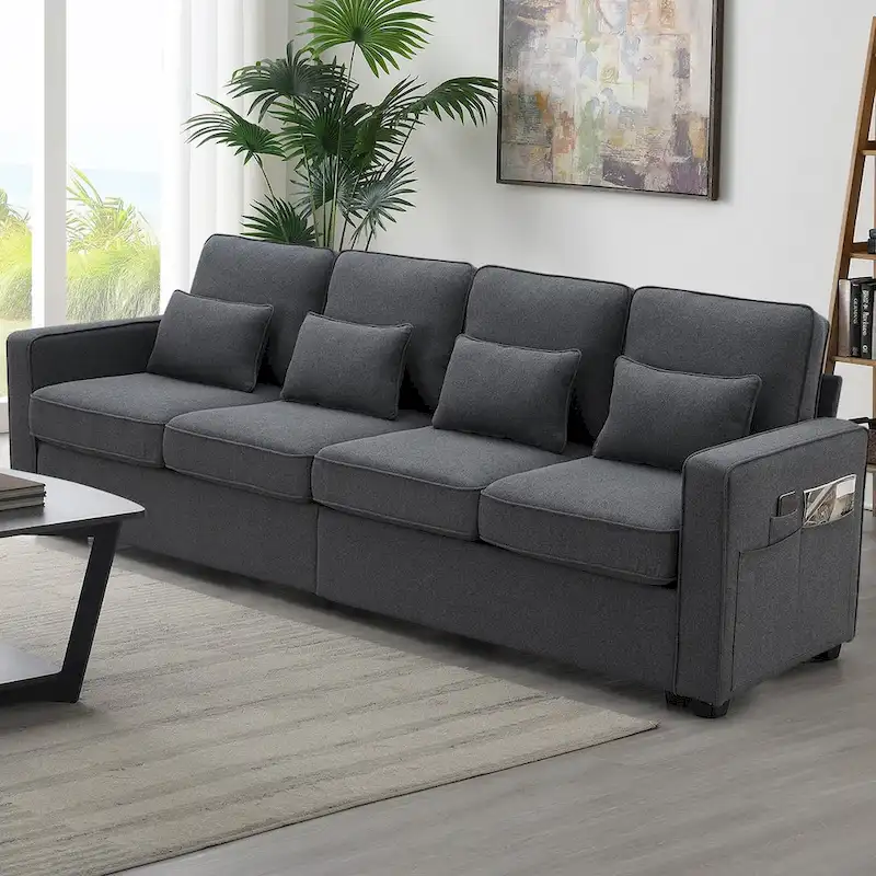 104 4-Seater Modern Linen Fabric Sofa with Armrest Pockets and 4 Pillows