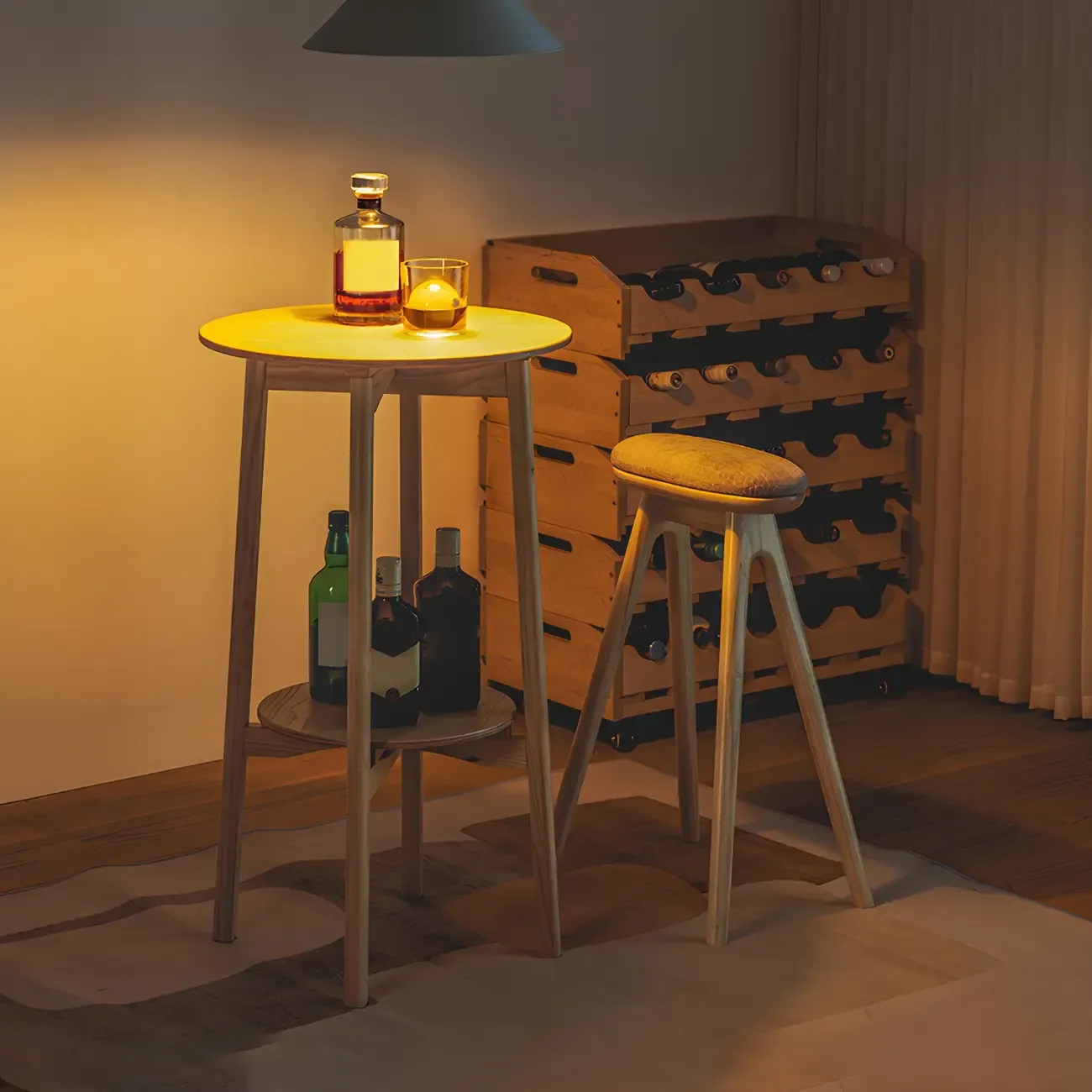 Scandinavian Round Natural Ash Wood Shelf Bar Tables