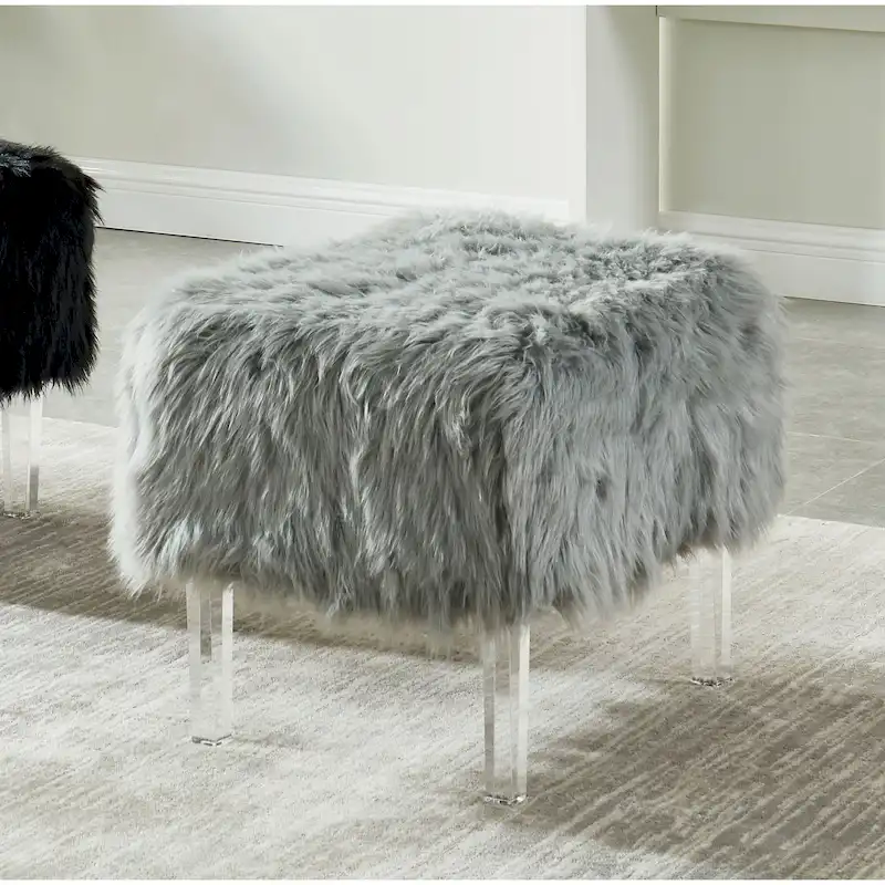Andral Contemporary Faux Fur Acrylic Ottoman by Silver Orchid