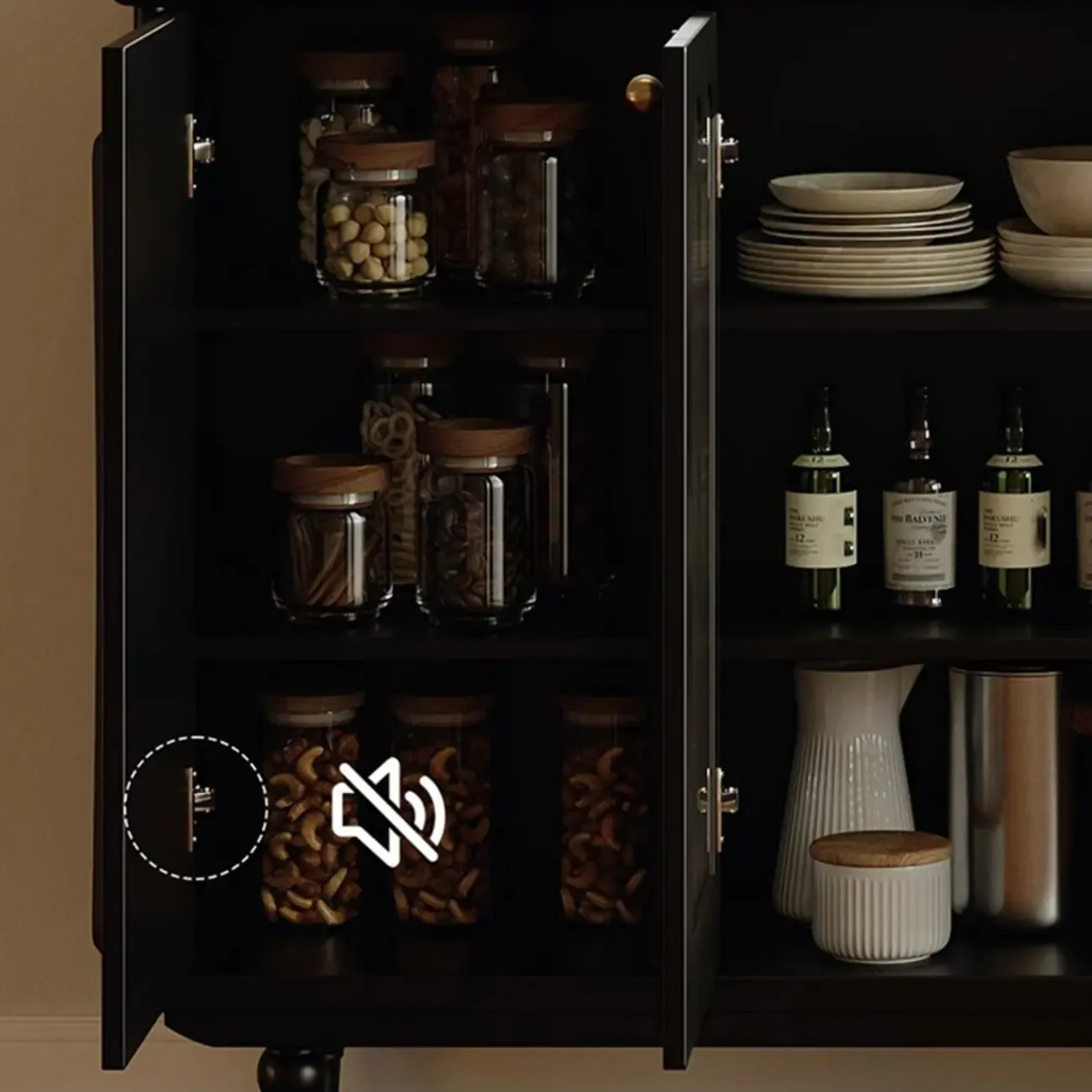Medieval Style Black Wooden Buffet Table with Shelves