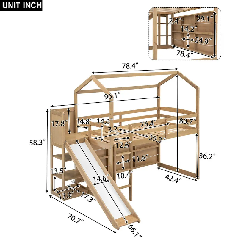 Wood Twin Wood House Loft Bed with Slide