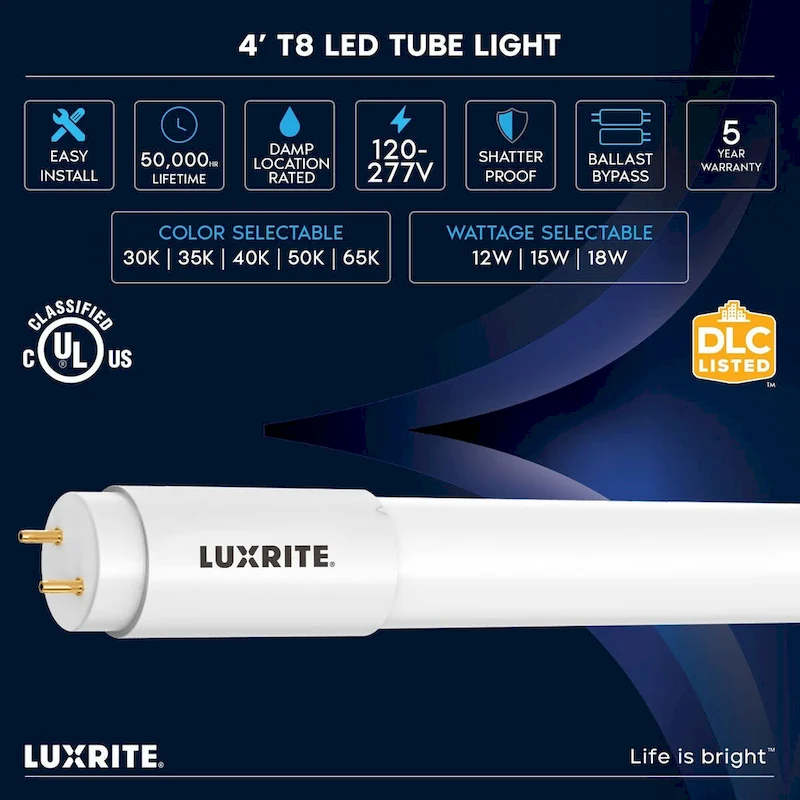 Luxrite 30-Pack 4FT T8 LED Tube Lights, 12W/15W/18W Tunable, 5CCT 3000K-6500K, Ballast Bypass, Up to 2250LM, UL, DLC - 30