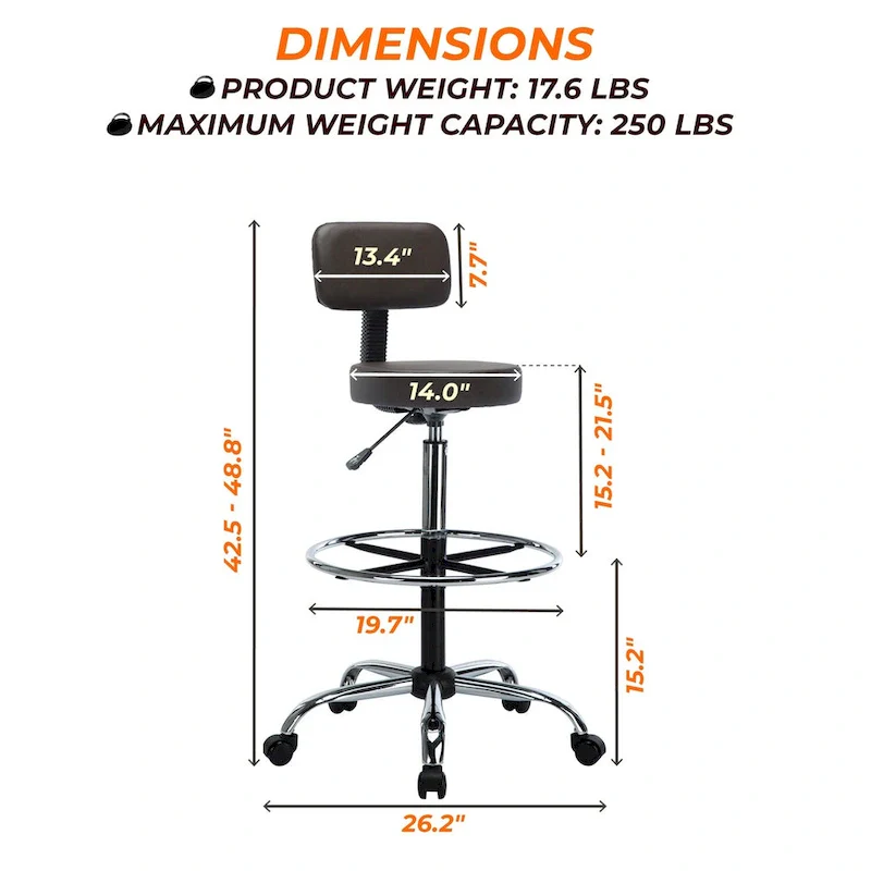 Height Adjustable Drafting Stool - With Premium Leather, Rolling Wheels