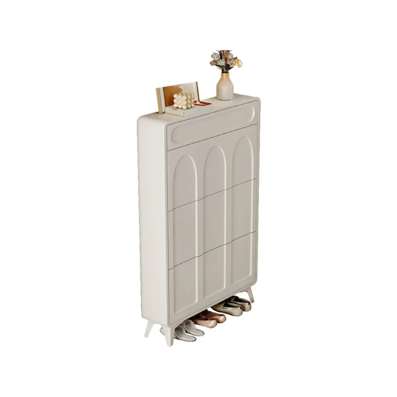 Vertical Slim White Wooden Drop Front Shoe Cabinet