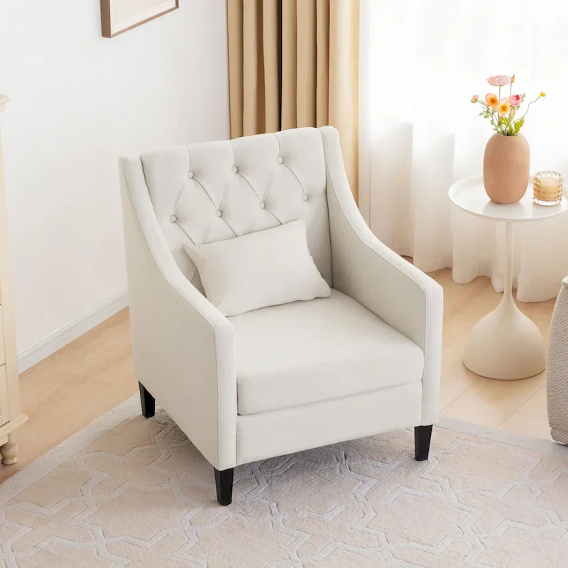 Beige Upholstered Tufted Accent Chair with Lumbar Pillow