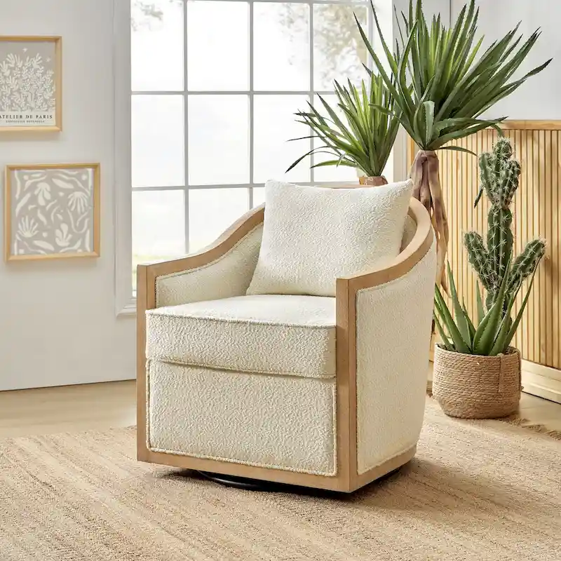Oswald Jess Farmhouse Solid Wood Edging Swivel Barrel Chair with Toss Pillows by HULALA HOME