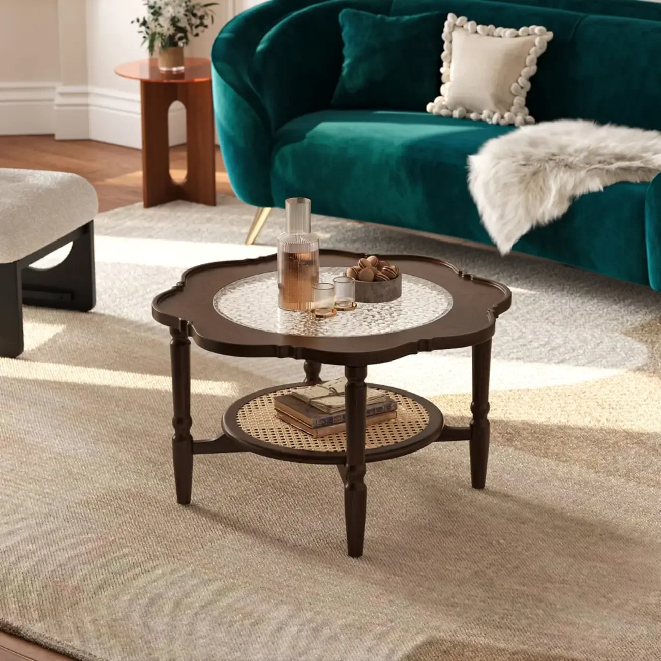 Classic 2-Layer Walnut Finish Wood Coffee Table in Glass Top