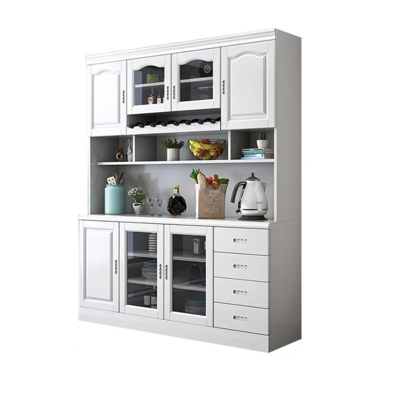 Kitchen Wooden White Cabinet Sideboard Built-in Wine Rack