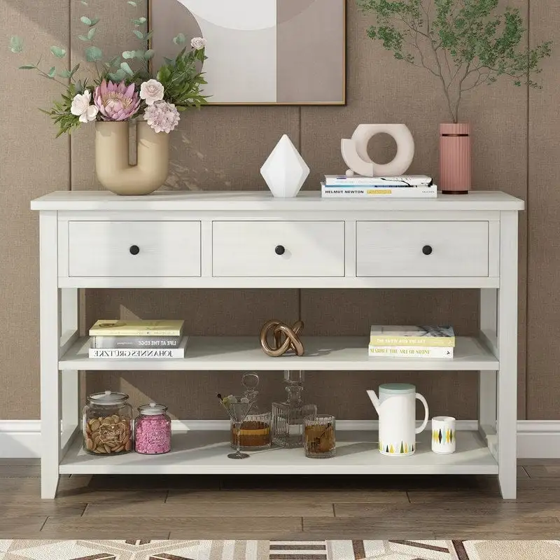 Console Table, Washed Brown/Beige, 4 Drawers & 2 Shelves, MDF, 47
