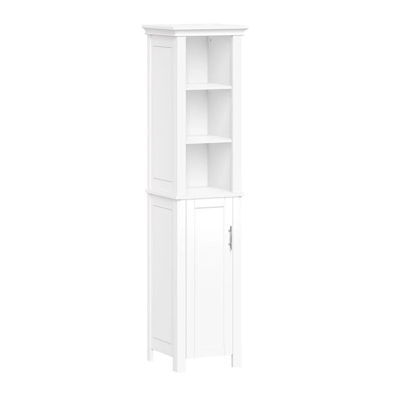 RiverRidge Somerset Single Door Tall Bathroom Cabinet Storage Organizer with an Open and Adjustable Shelves - White