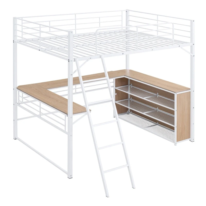Metal Loft Bed with L-shaped Desk and 3 Layers of Shelves, Reversible Ladder