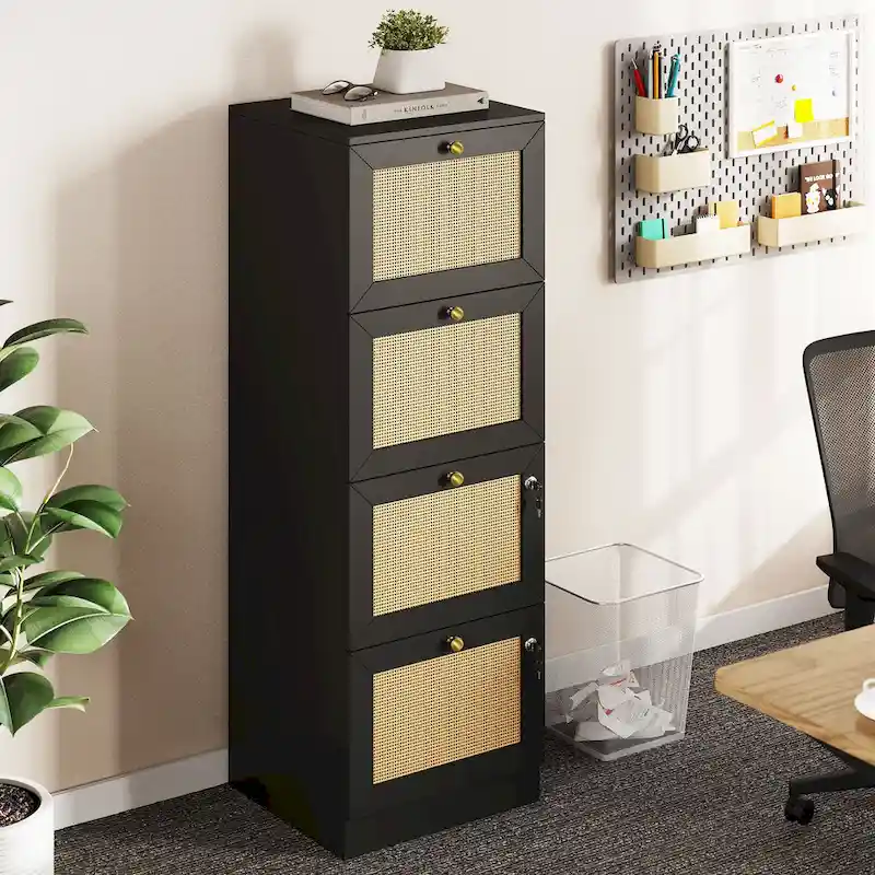 Moasis 15-inch Deep 4 Drawers Rattan Vertical File Cabinet with Lock