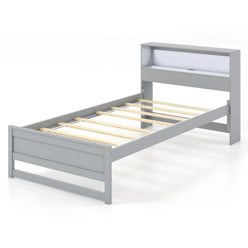 Single Wooden Bed Frame (with Charging Station and LED Lights)