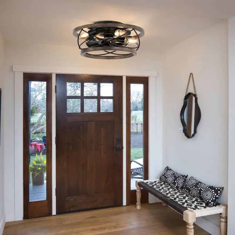 CurveCurio 18  Drum Farmhouse Wood Ceiling Fan, Wood Fan Light with Metal Accents, 4 Light 3 Fan Speed w Remote Control