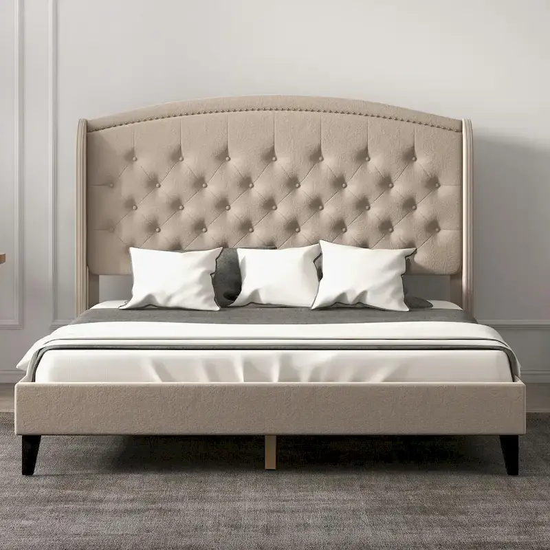 Upholsted Bed Frame with Wingback Headboard, King Size