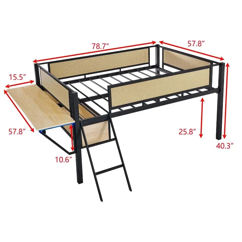 Metal Double Bed Loft Bed with Rectangular Desk, LED Lights