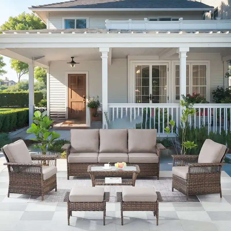High Back Sofa and 2 Chairs, 2 Ottomans Coffee Table - Brown