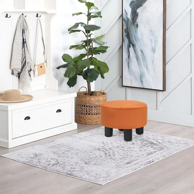 Adeco Round Ottoman Velvet Footrest Stool Modern Padded Seat Footstool