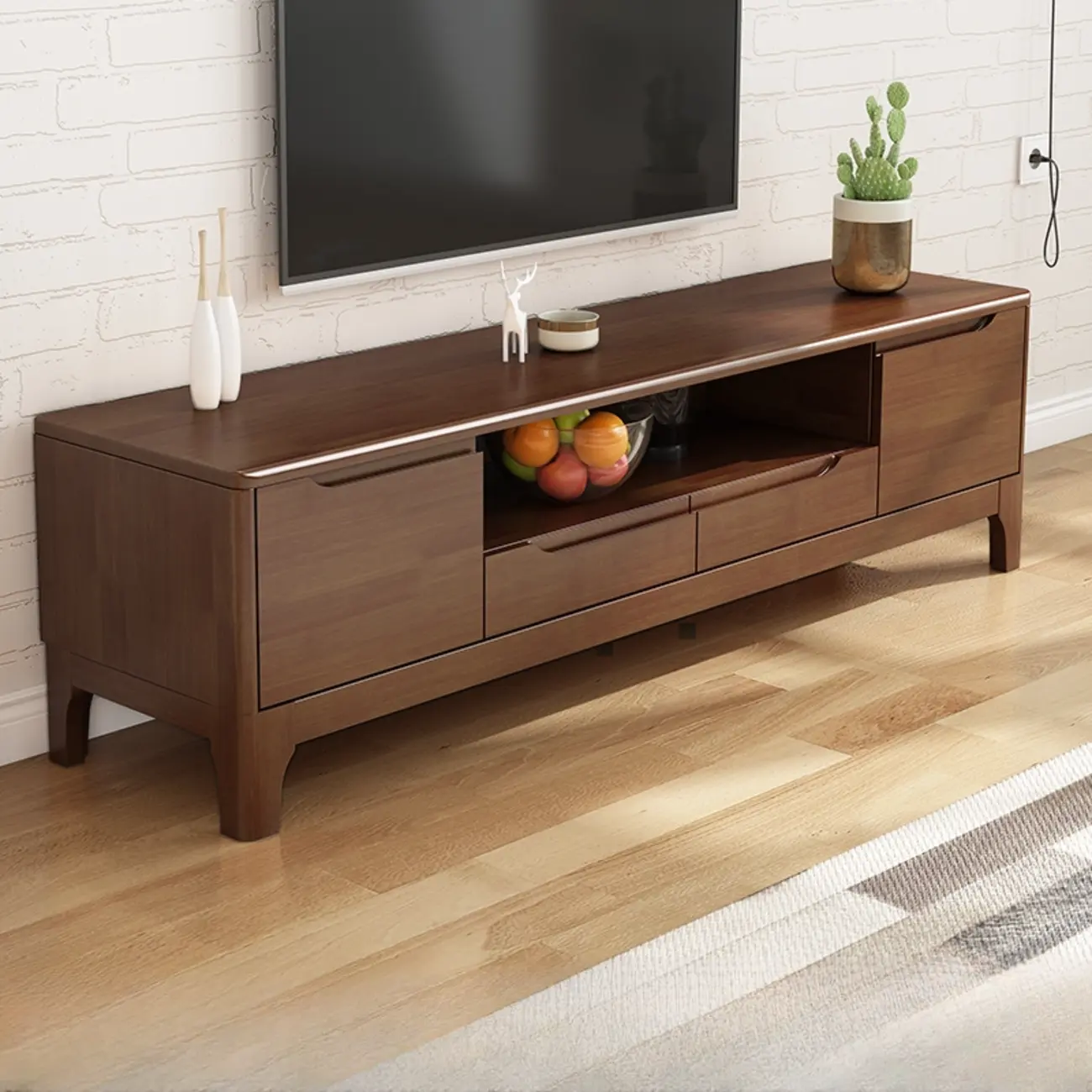 Durable Natural Wooden TV Stand with Cable Management