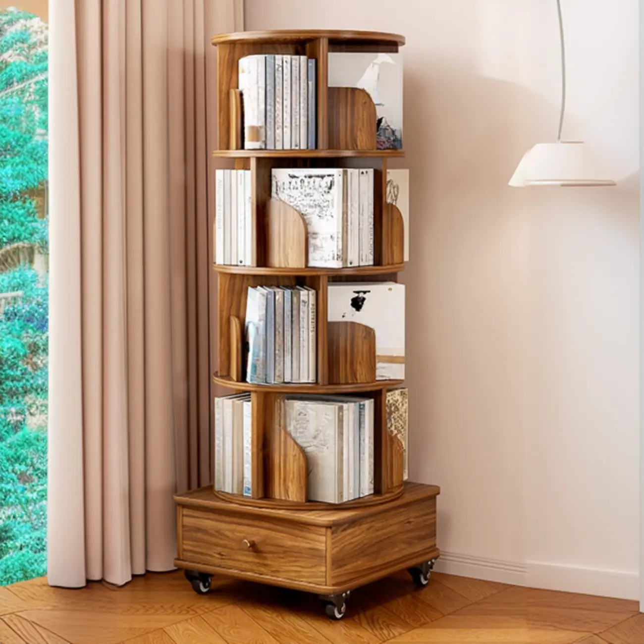 Narrow Wood 5-Tier Revolver Sliding Bookcase with Drawer