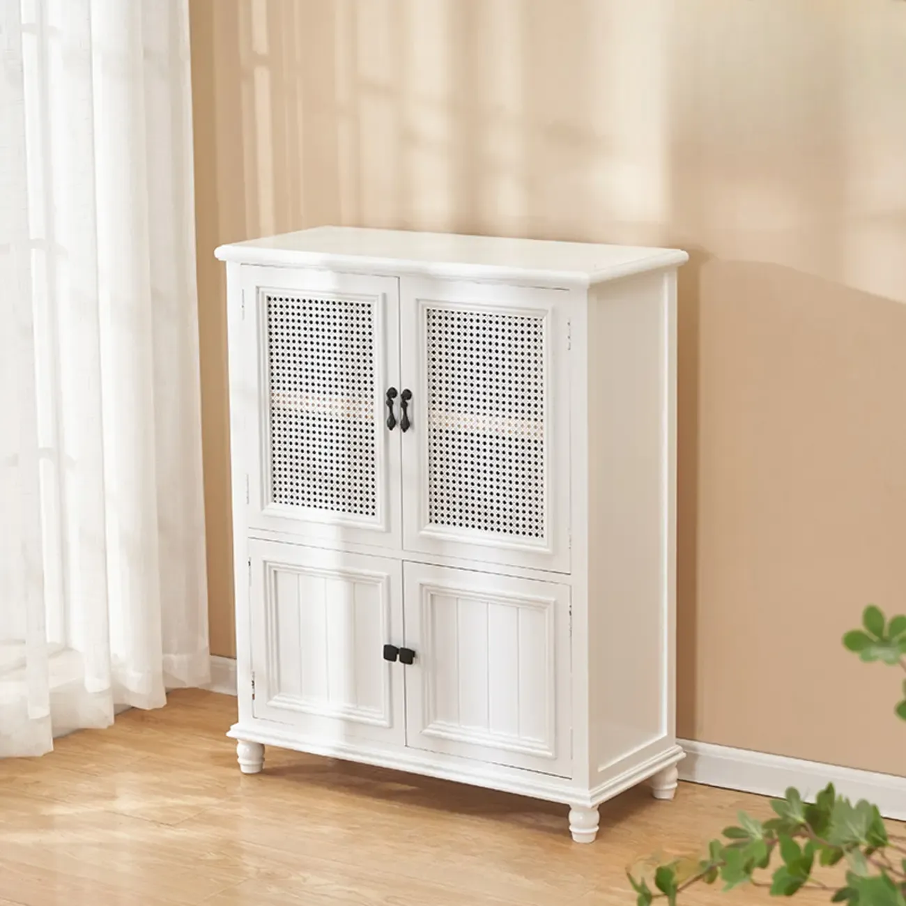 Classic Detached White Solid Wooden Wicker Storage Cabinet