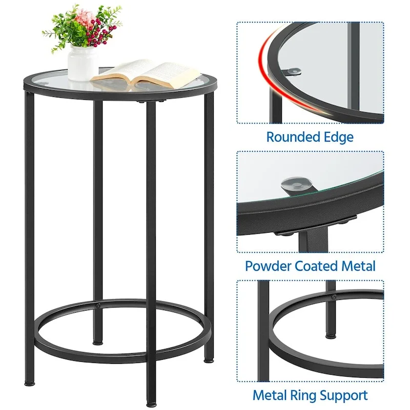 Yaheetech Round Accent Table Bedside Table with Metal Frame Glass Top