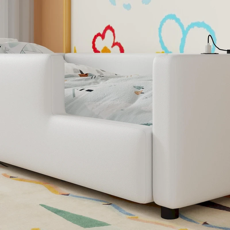 Twin Upholstered Bed with Guardrail & Charging Station