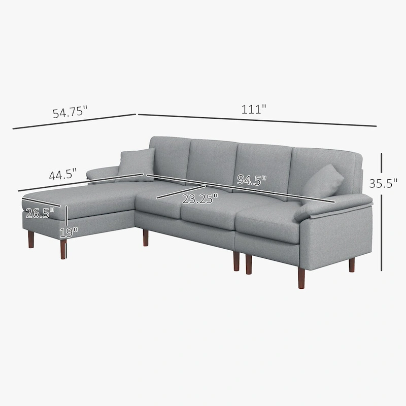 HOMCOM Fabric Sectional Couch with Reversible Sleeper Sofa, Modern L Shaped Sectional Sofa with Pillows, Wooden Legs