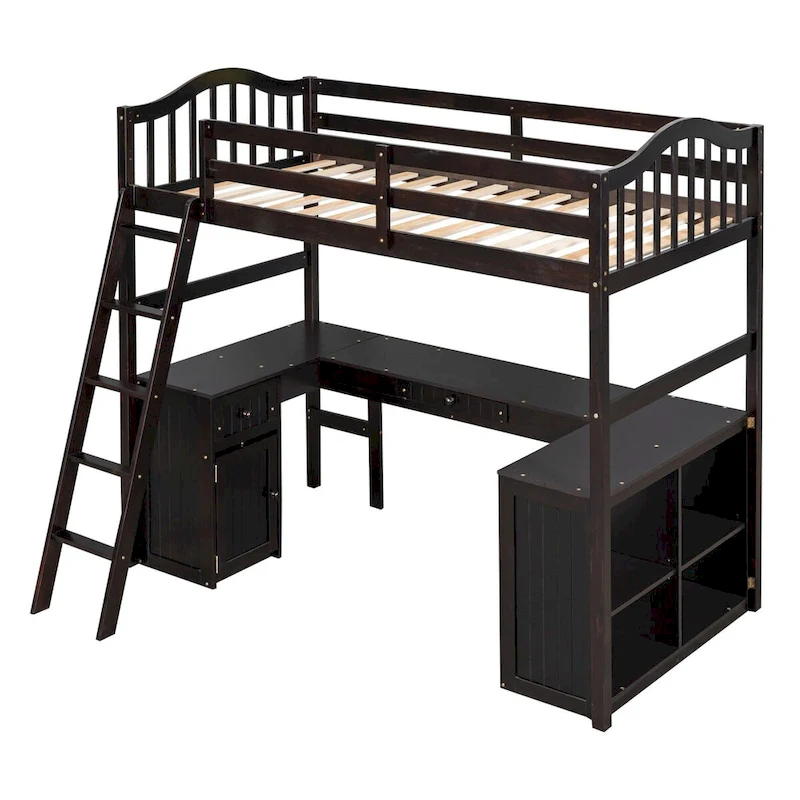 Twin Loft Bed with Drawers, Cabinet, Shelves, and Desk
