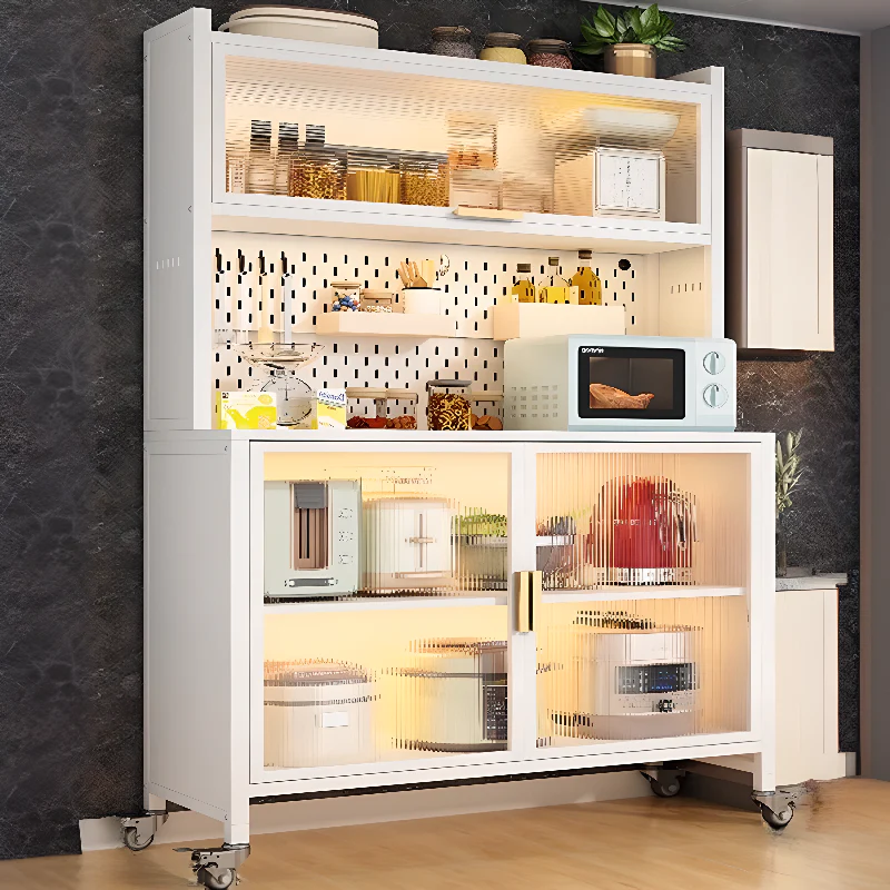 Mobile Metal Open Storage Sideboard with Glass Doors