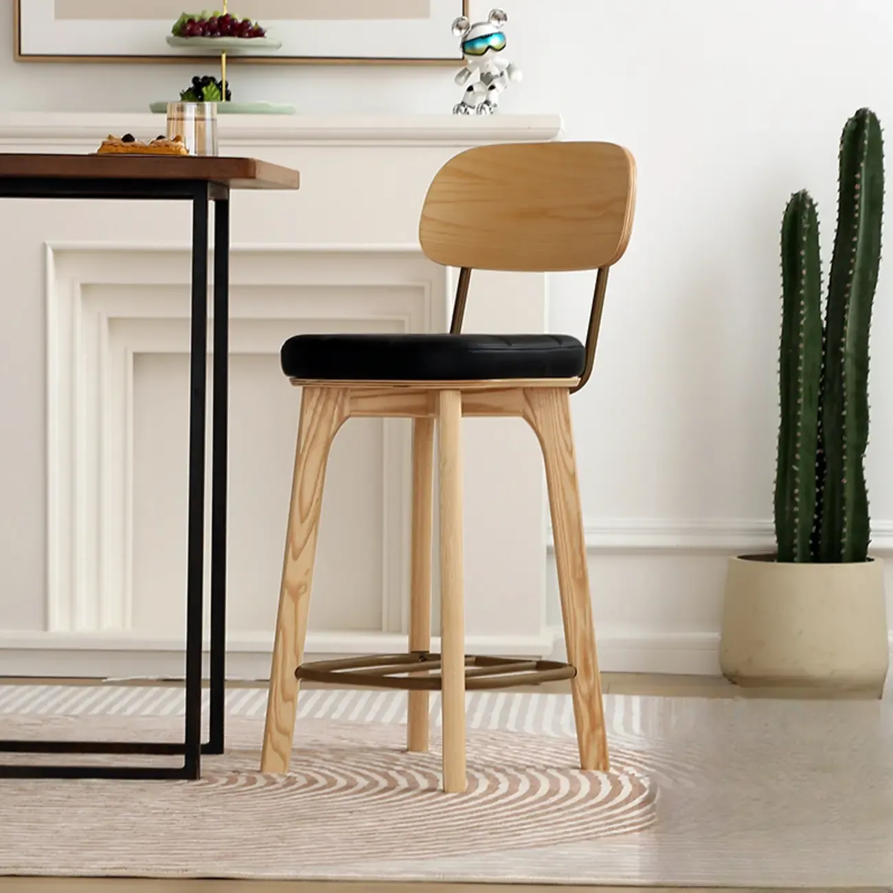 Wooden Square Leather Upholstered Bar Stool with Backrest