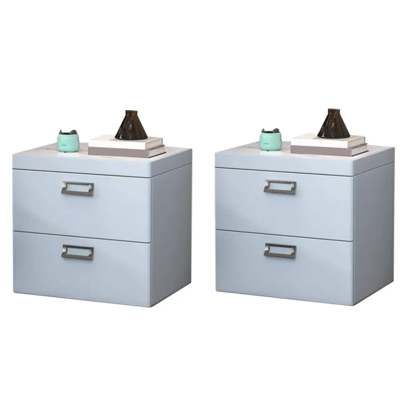 Modern Faux Leather 2 Drawers Nightstand with Stone Top