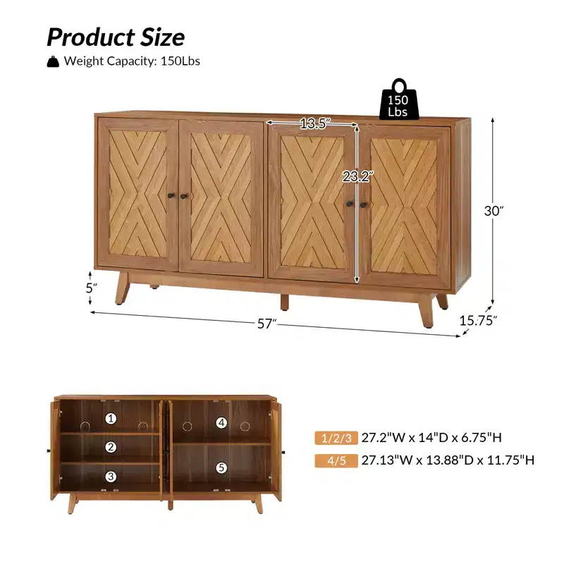 Adolf 57Wide Mid-century Chevron-patterned Sideboard with Adjustable Shelves|HULALA HOME
