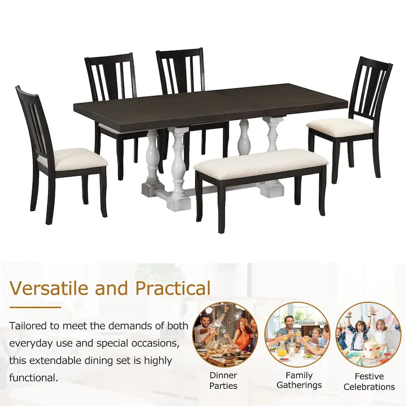 6-Piece Traditional Dining Set with Extendable Table & Chairs