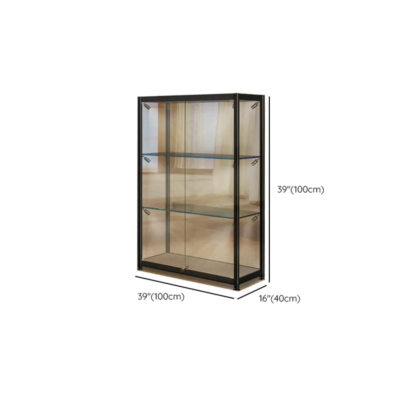 Modern Black Clear Glass LED Adjustable Display Cabinet